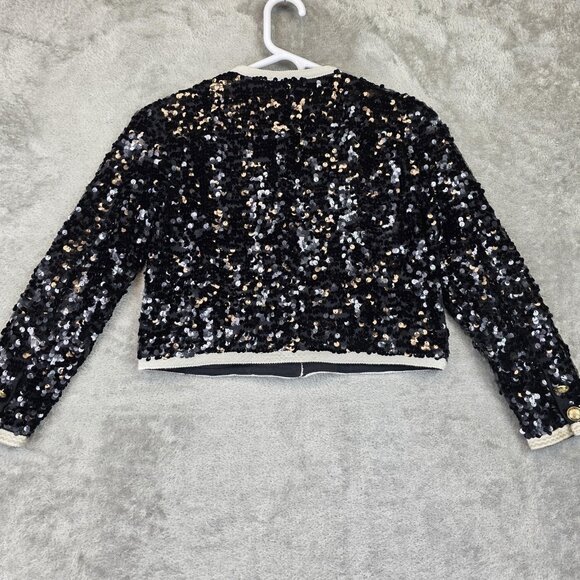 Crewcuts Jacket Girls Medium 8-9 Black Sequin Tweed Trim Cardigan Party Holiday - Picture 2 of 15